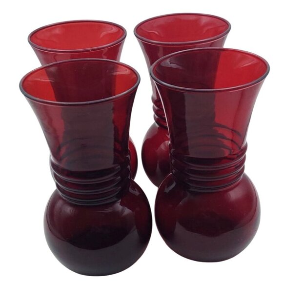Vintage Anchor Hocking Royal Ruby Red Glass Ribbed Ball Vases Set Of 4 MCM - Picture 2 of 6